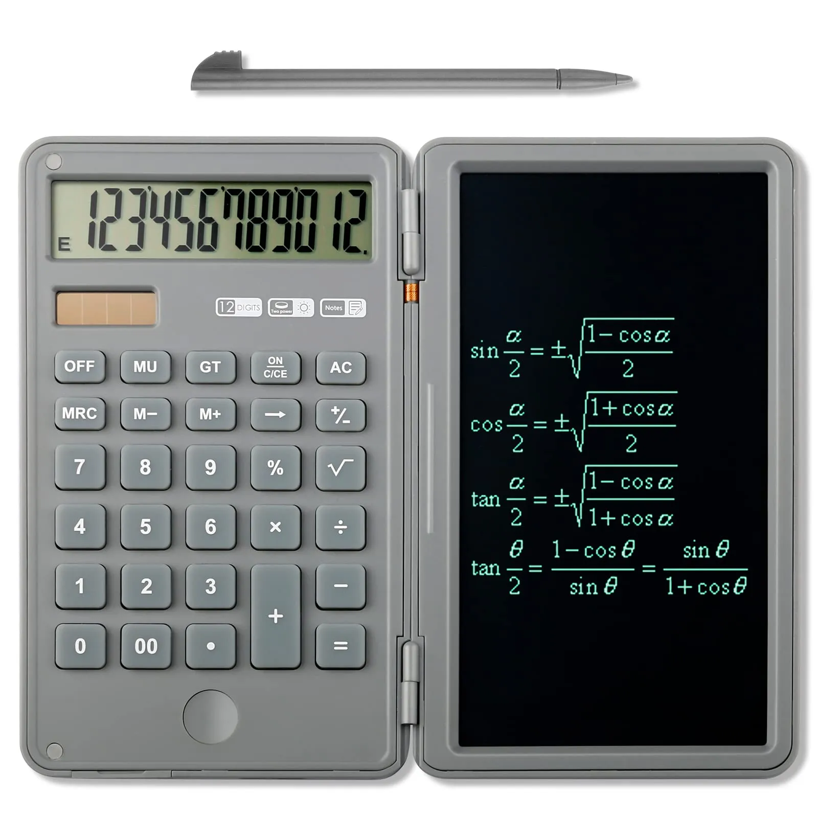 12-Digit Large Display Solar & Battery Calculator with Writing Tablet, Eco-Friendly, Grey