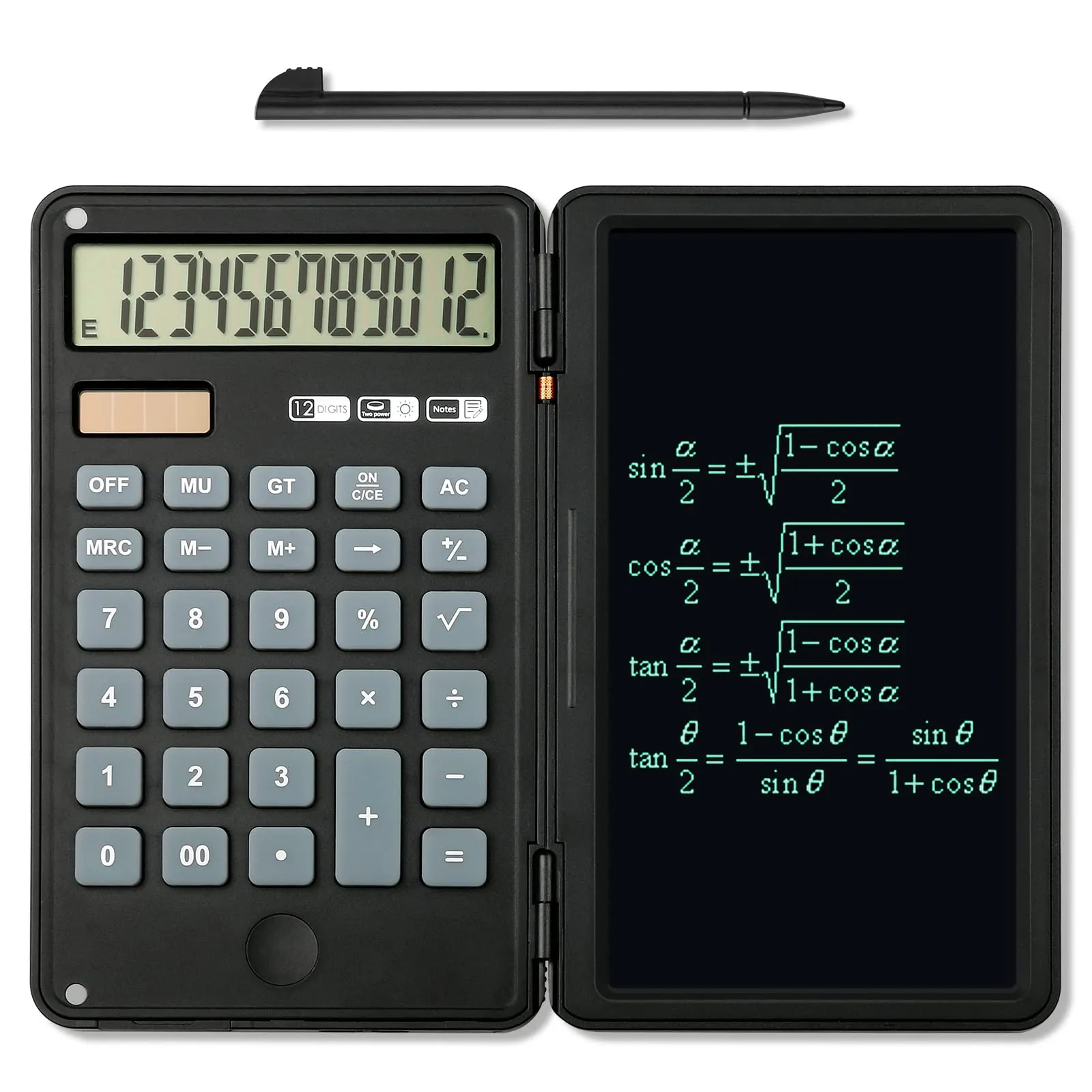 12-Digit Solar & Battery Pocket Calculator with Writing Tablet, Eco-Friendly, Black