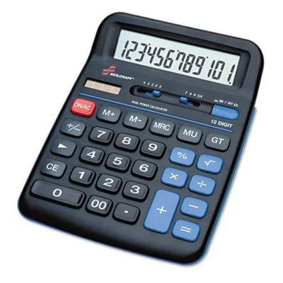 AbilityOne 12-Digit Calculator - Dual Powered, Ergonomic Design, Solar & Battery, Black