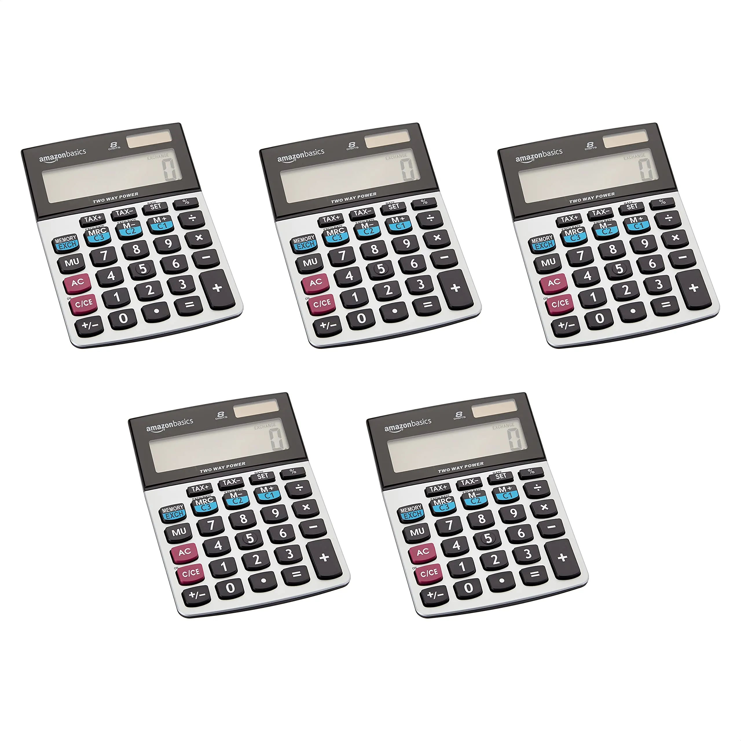 Amazon Basics LCD 8-Digit Desktop Calculator 5-Pack, Silver - User-Friendly, Versatile Functions