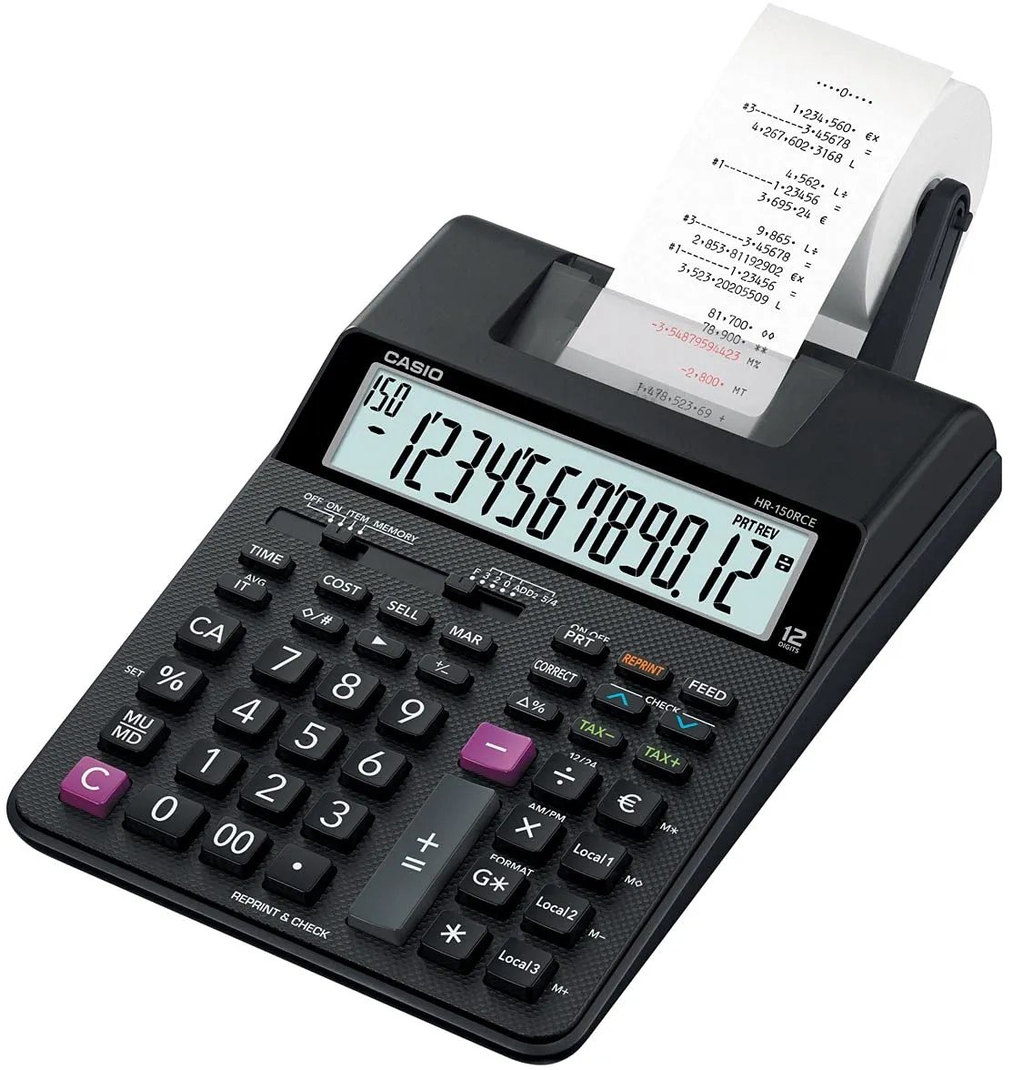 Casio HR-150RCE-WA-EC Printing Calculator, 12-Digit Display, Black, 2 Lines/Sec, Battery Operated