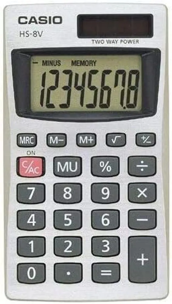 Casio HS-8V Hand-Held Solar Calculator with 8-Digit Display, Large Easy-to-Read Screen