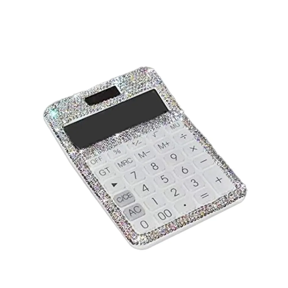 Dazzling 12-Digit Rhinestone Calculator – Solar & Battery Dual Power, Stylish White Office Essential