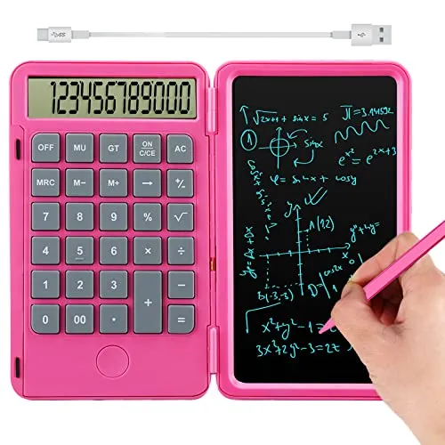 Hion 12-Digit Large Display Rechargeable Pocket Calculator with Erasable Writing Tablet, Pink