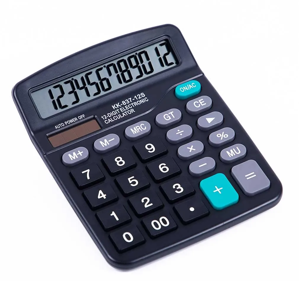 KK-837-12S Standard Function Desktop Calculator, 12-Digit LCD, Solar & Battery Powered, Black